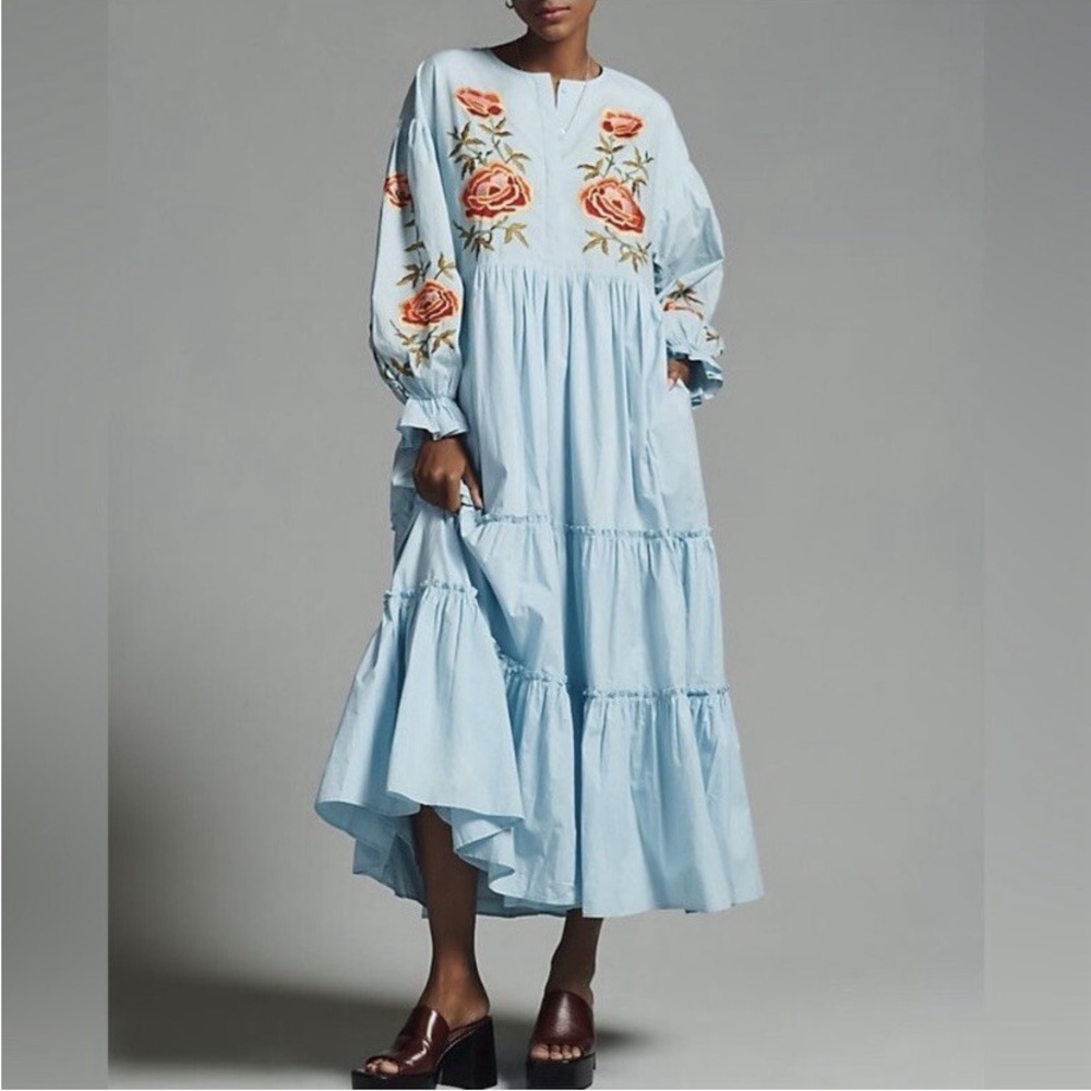 NWT Anthropologie Samant Chauhan Tiered Embroidered Dress in Blue Motif - XS